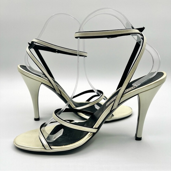 CASADEI LEATHER CREAM HEELS STRAPPY SANDALS ANKLE SHOES MADE IN ITALY WOMAN 9 - Picture 7 of 15
